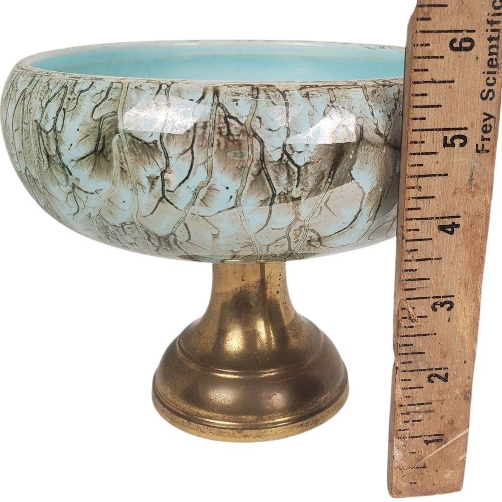 Vintage Mid-Century Modern Delft Holland Pedestal Bowl - Hand-Painted Turquoise - Picture 7 of 9